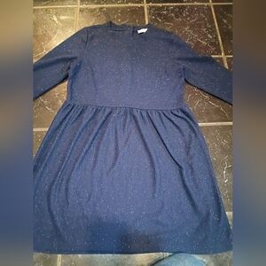LOFT Swing Dress Blue Flecked Button Back Ribbed Long Sleeve Size M